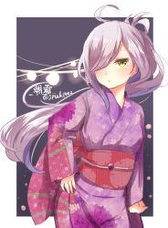 Rule 34 | 10s, 1girl, ahoge, alternate costume, asashimo (kancolle), character name, commentary request, green eyes, hair over one eye, hand on own hip, highres, japanese clothes, kantai collection, kimono, long hair, long sleeves, looking at viewer, multicolored hair, ponytail, purple hair, ribbon, silver hair, solo, twitter username, very long hair, yukata, zarathurtra