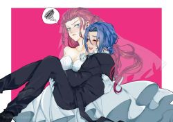 Rule 34 | 1boy, 1girl, angry, blue eyes, blue hair, blush, border, breasts, bridal veil, bride, carrying, cleavage, commentary, creatures (company), delardio omu, dress, english commentary, closed eyes, formal, game freak, groom, hair tie, highres, james (pokemon), jessie (pokemon), long hair, nintendo, pink background, pokemon, pokemon (anime), princess carry, red hair, spoken squiggle, squiggle, suit, veil, wedding, wedding dress, white border