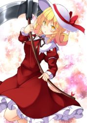 Rule 34 | 1girl, aka tawashi, blonde hair, blush, bow, breasts, brown ribbon, commentary request, curly hair, dress, drill hair, drill sidelocks, elly (touhou), feet out of frame, hair between eyes, hat, hat bow, highres, holding, holding weapon, juliet sleeves, large breasts, leg up, long sleeves, looking at viewer, neck ribbon, parted lips, petticoat, puffy sleeves, red bow, red dress, ribbon, scythe, short hair, sidelocks, sketch, solo, touhou, touhou (pc-98), weapon, white hat, wing collar, yellow eyes