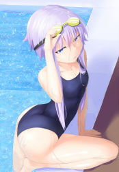 Rule 34 | 1girl, :d, abmayo, adjusting goggles, ass, bare legs, blue one-piece swimsuit, collarbone, competition school swimsuit, competition swimsuit, from above, goggles, goggles on head, gohei, highres, one-piece swimsuit, open mouth, pool, poolside, purple eyes, purple hair, school swimsuit, short hair with long locks, smile, solo, swimming goggles, swimsuit, vocaloid, voiceroid, water, wet, yuzuki yukari