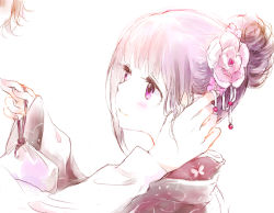 Rule 34 | 1boy, 1girl, animal print, blunt bangs, blush, butterfly print, chitanda eru, closed mouth, flower, from side, hair bun, hair flower, hair ornament, hand in another&#039;s hair, hand in own hair, hand up, hyouka, japanese clothes, kimono, lenny-tree, long sleeves, looking at another, looking away, oreki houtarou, out of frame, portrait, purple eyes, purple hair, simple background, single hair bun, smile, solo focus, tareme, white background, wide sleeves, yukata