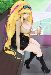 Rule 34 | 1girl, aqua eyes, arm support, bare legs, belt, belt buckle, belt skirt, bench, black footwear, blonde hair, boots, breasts, bubble tea, buckle, bush, chain, cleavage, cleavage cutout, closed mouth, clothing cutout, commission, curvy, drink, ear piercing, from side, full body, glint, goggles, goggles on head, gold, gold chain, hair between eyes, hair ribbon, high heel boots, high heels, huge breasts, jewelry, knee boots, knees, leaning forward, light smile, lips, long hair, long sleeves, looking at viewer, meme attire, mole, mole on breast, mole under eye, necklace, nose, open-chest sweater, original, pencil skirt, piercing, ponytail, purple ribbon, ribbon, sidelocks, sitting, skirt, solo, sweater, sweater tucked in, thick thighs, thighs, tsurime, turtleneck, turtleneck sweater, upturned eyes, very long hair, window, wing ornament, zcune