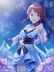 Rule 34 | 10s, 1girl, blurry, blush, breasts, brown eyes, brown hair, cleavage, depth of field, dress, flower, gloves, hydrangea, idolmaster, idolmaster cinderella girls, itamidome, long hair, looking at viewer, mifune miyu, open mouth, ponytail, shawl, smile, solo