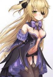 Rule 34 | 1girl, absurdres, arms behind back, black shorts, black thighhighs, blonde hair, blush, bow, bowtie, breasts, center opening, cleavage, detached collar, detached sleeves, eyepatch, fischl (genshin impact), frills, garter straps, genshin impact, gluteal fold, green eyes, hair ornament, has bad revision, has downscaled revision, highres, long hair, looking at viewer, md5 mismatch, medium breasts, navel, purple bow, purple bowtie, resolution mismatch, revision, shorts, simple background, solo, source smaller, thighhighs, torriet, white background