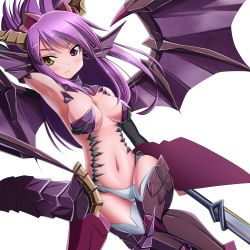 Rule 34 | 1girl, armpits, dragon girl, dragon tail, heterochromia, highres, horns, long hair, midriff, navel, polearm, purple eyes, purple hair, puzzle &amp; dragons, simple background, solo, sonia (p&amp;d), spear, tail, ver.5, weapon, white background, wings, yellow eyes