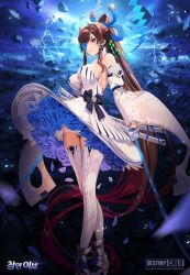 Rule 34 | 1girl, absurdly long hair, bare shoulders, blue flower, blue rose, bow, breasts, copyright name, destiny child, detached sleeves, dress, earrings, eve (destiny child), flower, flower eyepatch, hair bow, hair ornament, highres, holding, holding weapon, jewelry, korean text, large breasts, lightning, long hair, official art, ponytail, rose, sheath, solo, thighhighs, very long hair, weapon, white dress