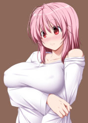 Rule 34 | 1girl, alternate costume, antenna hair, arm under breasts, bare shoulders, blush, breast hold, breasts, brown background, casual, closed mouth, collarbone, commentary request, contemporary, covered erect nipples, hair between eyes, highres, large breasts, long hair, long sleeves, medium hair, nori tamago, nose blush, off shoulder, pink eyes, pink hair, saigyouji yuyuko, shiny skin, shirt, simple background, solo, sweat, sweatdrop, touhou, upper body