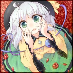Rule 34 | 1girl, crying, crying with eyes open, female focus, flower, green eyes, hands on own face, hat, komeiji koishi, koza, kozakura (dictionary), open mouth, petals, red flower, red rose, rose, shirt, silver hair, skirt, solo, tears, third eye, touhou