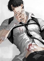 Rule 34 | 1boy, absurdres, bandaged arm, bandages, black hair, black necktie, blood, blood on clothes, chainsaw man, chest belt, cigarette, collared shirt, ear piercing, highres, holding, holding cigarette, kishibe (chainsaw man), kishibe (young) (chainsaw man), looking at viewer, muksal, necktie, piercing, shirt, short hair, simple background, smile, solo, white background, white shirt