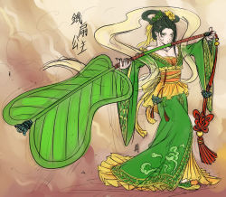 Rule 34 | 1girl, antaria, bare shoulders, character name, chinese clothes, hand fan, green eyes, hanfu, journey to the west, signature, sketch, solo, standing, tie shan gongzhu