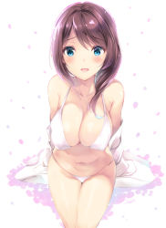 Rule 34 | 1girl, :d, arms behind back, bad id, bad pixiv id, bare shoulders, bikini, blue eyes, blush, breasts, cleavage, collarbone, covered erect nipples, large breasts, long hair, looking at viewer, navel, off shoulder, open clothes, open mouth, open shirt, original, petals, shiny skin, shirt, simple background, sitting, smile, solo, stomach, suihi, swept bangs, swimsuit, tareme, thighs, white background, white bikini, white shirt