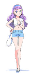 Rule 34 | 1girl, akinbo (hyouka fuyou), bag, bare legs, blue eyes, blue hairband, blue shorts, closed mouth, clothes lift, collarbone, denim, denim shorts, earrings, full body, hairband, highres, holding, holding bag, jewelry, laura la mer, lifting own clothes, long hair, looking at viewer, midriff, navel, plastic bag, precure, purple hair, shirt, shirt lift, short shorts, shorts, simple background, smile, solo, standing, stomach, t-shirt, thigh gap, tropical-rouge! precure, white background, white shirt