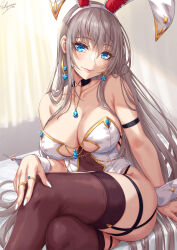 Rule 34 | 1girl, animal ear hairband, animal ears, arm strap, bare shoulders, blue eyes, blush, breasts, cleavage, closed mouth, collarbone, commentary request, crossed legs, fake animal ears, grey hair, hair ornament, hairband, highres, jewelry, large breasts, leotard, long hair, looking at viewer, original, playboy bunny, purple thighhighs, rabbit ears, ring, sakiyamama, signature, sitting, smile, solo, thighhighs, thighs, white hairband, white leotard, wrist cuffs