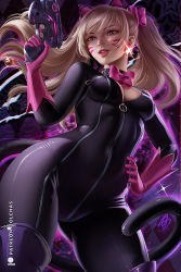 Rule 34 | 1girl, animal ears, black cat d.va, blonde hair, cat ears, cat tail, catsuit, cosplay, crossover, d.va (overwatch), female focus, olchas, overwatch, overwatch 1, persona, persona 5, solo, tail, takamaki anne, takamaki anne (cosplay), twintails