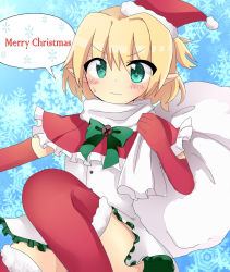 Rule 34 | 1girl, 3:, 3:&lt;, absurdres, alternate costume, bad id, bad pixiv id, bell, blonde hair, blush, bow, christmas, frown, green eyes, hat, highres, kayupon, merry christmas, miniskirt, mizuhashi parsee, pointy ears, ribbon, sack, santa costume, santa hat, skirt, solo, sweatdrop, thighhighs, touhou, v-shaped eyebrows, wavy mouth