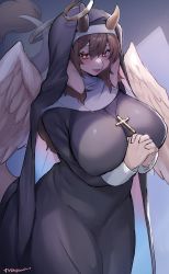 Rule 34 | 1girl, absurdres, black dress, blush, breasts, commission, cross, cross necklace, dragon girl, dress, fangs, feathered wings, furry, furry female, habit, hat, highres, horns, jewelry, large breasts, looking at viewer, necklace, nun, open mouth, original, own hands together, skeb commission, skin fangs, smile, solo, suurin (ksyaro), tail, wings