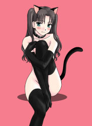 Rule 34 | 1girl, animal ears, black gloves, black thighhighs, blush, boribeya, cat ears, cat tail, collar, convenient leg, elbow gloves, fate/stay night, fate (series), female focus, gloves, long legs, nude, pink background, simple background, solo, tail, thighhighs, tohsaka rin, two side up