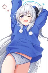 Rule 34 | 1girl, arms up, black bow, blue archive, blue hoodie, blush, bow, bow panties, commentary request, drawstring, gluteal fold, grey hair, groin, hair bow, highres, hood, hood down, hoodie, long hair, long sleeves, miyako (blue archive), miyako (young) (blue archive), nenosame, no pants, one eye closed, one side up, panties, polka dot, polka dot panties, puffy long sleeves, puffy sleeves, purple eyes, simple background, solo, squeans, stretching, tears, underwear, very long hair, white background, white panties, yawning