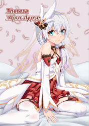 Rule 34 | 1girl, bare shoulders, bed, blue eyes, character name, closed mouth, daidailong, dress, feathers, honkai (series), honkai impact 3rd, long hair, looking at viewer, nun, side ponytail, sitting, smile, theresa apocalypse, theresa apocalypse (celestial hymn), thighhighs, veil, white dress, white hair, white sleeves, white thighhighs