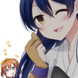 Rule 34 | 1girl, 2girls, ;), artist name, artist request, blue hair, blush, breasts, chibi, clenched hand, collarbone, female focus, gloves, hair between eyes, highres, japanese clothes, kimono, kosaka honoka, long hair, long sleeves, looking at viewer, love live!, love live! school idol festival, love live! school idol project, multiple girls, muneate, one eye closed, parted lips, partially fingerless gloves, partly fingerless gloves, single glove, smile, sonoda umi, upper body, weapon, white background, white kimono, yellow eyes, yugake