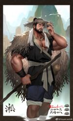 Rule 34 | 1boy, absurdres, adjusting clothes, adjusting headwear, arm hair, asian, bara, beard, biceps, black kimono, chest hair, facial hair, feet out of frame, gourd, hair between eyes, hair bun, hairy, hand up, hat, highres, holding, holding stick, japanese clothes, kimono, large pectorals, leg hair, male focus, mature male, mountain, muscular, muscular male, mustache, original, pants, pants rolled up, pectoral cleavage, pectorals, powerlesssong, realistic, short hair, short kimono, smile, solo, stick, straw cape, straw hat, thick eyebrows, towel, towel around neck, translation request, veins, veiny hands, wading