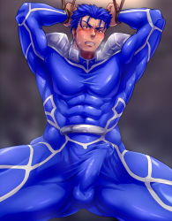 Rule 34 | 1boy, abs, blue hair, blush, bulge, cu chulainn (fate), erection, erection under clothes, fate/stay night, fate/zero, fate (series), funa (artist), cu chulainn (fate/stay night), male focus, muscular, pectorals, penis, restrained, rope, solo, sweat, tagme, testicles