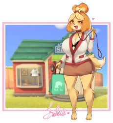 Rule 34 | 1girl, alternate costume, animal crossing, animal ears, animal feet, animal nose, bag, barefoot, black bra, blonde hair, blue sky, blurry, blurry background, blush, blush stickers, body fur, boingfarm, border, bow, bow bra, bra, bra peek, breasts, brown eyes, brown skirt, building, buttons, character name, cleavage, cloud, collar, collarbone, day, dog ears, dog girl, dog tail, english text, female focus, furry, furry female, half-closed eye, happy, heart, highres, holding, holding bag, holding leash, huge breasts, isabelle (animal crossing), jacket, lace, lace-trimmed bra, lace trim, large breasts, leash, legs, long sleeves, looking at viewer, miniskirt, nintendo, no shirt, open clothes, open jacket, open mouth, outdoors, outside border, paper bag, parted bangs, pencil skirt, pet play, pink border, pocket, shopping bag, short hair, skirt, sky, smile, snout, solo, tail, teeth, topknot, two-tone fur, underwear, uneven eyes, white border, white fur, white jacket, yellow fur, yellow pupils