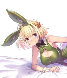 Rule 34 | 1girl, animal ears, bare shoulders, bed sheet, black bow, black bowtie, blonde hair, blue eyes, blunt bangs, bow, bowtie, breasts, bunny girl, cleavage cutout, closed mouth, clothing cutout, cropped, earrings, etrian odyssey, fake animal ears, fake tail, flower, hair flower, hair ornament, hairband, jewelry, looking at viewer, lying, medium breasts, on stomach, phalanx (sekaiju), rabbit ears, rabbit tail, sekaiju no meikyuu, sekaiju no meikyuu 3, sheet grab, short hair, simple background, sleeveless, smile, solo, tail, takamine nadare, white background, wrist cuffs