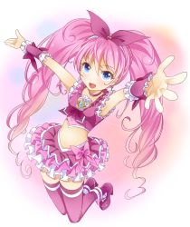 Rule 34 | 10s, 1girl, :d, bad id, bad pixiv id, blue eyes, boots, choker, cure melody, earrings, frilled skirt, frills, hair ornament, hair ribbon, houjou hibiki, jewelry, jumping, long hair, midriff, navel, open mouth, outstretched arm, pink hair, pink thighhighs, precure, ratryu, ribbon, shoes, skirt, sleeveless, smile, solo, suite precure, thighhighs, twintails, wrist cuffs