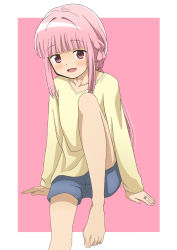 Rule 34 | 1girl, barefoot, blush, feet, highres, long hair, looking at viewer, magia record: mahou shoujo madoka magica gaiden, mahou shoujo madoka magica, open mouth, pink eyes, pink hair, shorts, tamaki iroha, toes