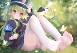 Rule 34 | 1girl, artist name, ass, black hat, black jacket, black skirt, black tail, blue archive, blush, closed mouth, commentary, demon tail, fh moya, grass, green hair, green halo, halo, hat, hikari (blue archive), highres, jacket, long hair, long sleeves, looking at viewer, pantyhose, peaked cap, pleated skirt, pointy ears, signature, sitting, skirt, soles, solo, symbol-only commentary, tail, toes, white pantyhose, yellow eyes
