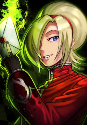 Rule 34 | 1boy, absurdres, androgynous, ash crimson, blonde hair, blue eyes, envelope, fingerless gloves, fire, freckles, gloves, glowing, green fire, grin, hair over one eye, highres, jacket, looking at viewer, one eye closed, red jacket, silverchariotx, smile, snk, solo, teeth, the king of fighters, zipper