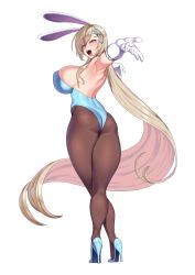 Rule 34 | 1girl, :d, absurdly long hair, absurdres, animal ears, armpits, ass, asuna (blue archive), asuna (bunny) (blue archive), back, bare shoulders, black pantyhose, blonde hair, blue archive, blue eyes, blue footwear, blush, breasts, era (erasion), full body, gloves, hair ribbon, high heels, highres, large breasts, leotard, long hair, looking at viewer, open mouth, pantyhose, playboy bunny, rabbit ears, ribbon, simple background, smile, solo, teeth, very long hair, white background, white gloves