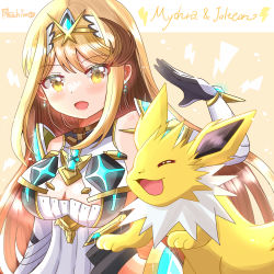 Rule 34 | amahime kaichou, bare shoulders, blonde hair, breasts, chest jewel, cleavage, cleavage cutout, clothing cutout, creatures (company), crossover, dress, earrings, elbow gloves, game freak, gen 1 pokemon, gloves, jewelry, jolteon, large breasts, long hair, mythra (xenoblade), nintendo, pokemon, swept bangs, tiara, very long hair, white dress, white gloves, xenoblade chronicles (series), xenoblade chronicles 2, yellow eyes