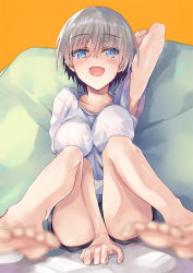 Rule 34 | 1girl, :d, arm up, armpits, barefoot, bean bag chair, between legs, blue eyes, blue shorts, blurry, blurry foreground, blush, breasts, cleavage, collarbone, commentary, fang, grip, hair between eyes, hand between legs, inoue takuya (tactactak), knees up, motion blur, open mouth, orange background, raised eyebrows, shirt, short hair, short shorts, shorts, silver hair, sitting, skin fang, smile, solo, t-shirt, uzaki-chan wa asobitai!, uzaki hana, white shirt