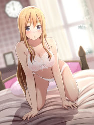 Rule 34 | 1girl, all fours, analog clock, bed, bedroom, blonde hair, blue eyes, blurry, blush, bow, bow bra, bow panties, bra, breasts, cleavage, clock, covered erect nipples, depth of field, dutch angle, eyebrows, full body, highres, indoors, k-on!, kotobuki tsumugi, lace, lace-trimmed bra, lace-trimmed panties, lace trim, large breasts, light particles, lingerie, long hair, looking at viewer, navel, nipples, on bed, panties, parted lips, pillow, revision, see-through, solo, sunlight, tateshina, thick eyebrows, underwear, underwear only, white panties, window