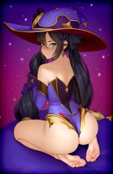 Rule 34 | 1girl, :t, absurdres, bare legs, bare shoulders, barefoot, black hair, commentary, detached sleeves, earrings, feet, from behind, full body, genshin impact, gloves, green eyes, hair between eyes, hat, highres, jewelry, kairunoburogu, leotard, long hair, looking at viewer, looking back, mona (genshin impact), no shoes, pout, purple gloves, sitting, soles, solo, toes, twintails, very long hair, witch hat
