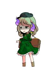 Rule 34 | 1girl, brown footwear, card, chibi, dairi, dress, green dress, green eyes, green hair, green hat, hand up, hat, open mouth, simple background, smug, solo, standing, tachi-e, touhou, transparent background, white background, yamashiro takane