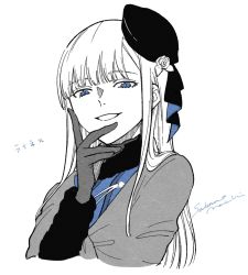 Rule 34 | 1girl, artist name, black hat, blue coat, blue eyes, blue jacket, character name, coat, fate (series), flower, gloves, hat, highres, jacket, long hair, long sleeves, looking at viewer, lord el-melloi ii case files, monochrome, reines el-melloi archisorte, rose, sakanomachico, signature, simple background, smile, smug, solo, spot color, tilted headwear, upper body, white background