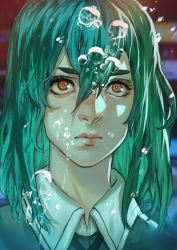 Rule 34 | 1girl, absurdres, air bubble, blurry, blurry background, bright pupils, bubble, causs, closed mouth, eyelashes, eyeshadow, green eyeshadow, green hair, hair between eyes, highres, long eyelashes, long hair, makeup, medium hair, orange eyes, original, pink lips, portrait, solo, upper body, white pupils