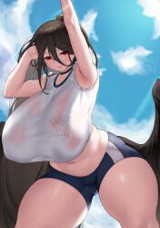 Rule 34 | 1girl, absurdres, aster crowley, black hair, black wings, blue archive, breasts, cleavage, hasumi (blue archive), hasumi (track) (blue archive), highres, huge breasts, long hair, mole, mole under eye, smile, tagme, thick thighs, thighs, wings
