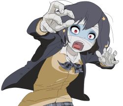Rule 34 | 10s, 1girl, bandages, black hair, bow, hair between eyes, hair ornament, jacket, long sleeves, messy hair, mizuno ai, open mouth, outstretched arms, pettan, plaid, plaid skirt, red eyes, ribbon, school uniform, screaming, short hair, skirt, sweater vest, zombie, zombie land saga, zombie pose