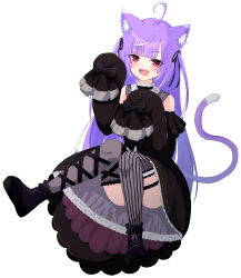 Rule 34 | 1girl, absurdres, ahoge, animal ear fluff, animal ears, asymmetrical legwear, black dress, black footwear, black ribbon, blunt bangs, blush, boots, cat ears, cat girl, cat tail, collar, commentary request, cowlick, dress, fangs, frilled dress, frills, full body, gothic lolita, grey collar, grey thighhighs, hair ribbon, highres, kemonomimi mode, leg ribbon, lolita fashion, long hair, looking at viewer, medium bangs, mismatched legwear, multicolored hair, nanashi inc., no headwear, off-shoulder dress, off shoulder, official alternate costume, open mouth, purple hair, red eyes, ribbon, shisui kiki, shisui kiki (2nd costume), simple background, sleeve bow, sleeves past fingers, sleeves past wrists, smile, solo, streaked hair, striped clothes, striped thighhighs, tail, thighhighs, two-tone hair, vertical-striped clothes, vertical-striped thighhighs, very long hair, virtual youtuber, white background, white hair, yamapiyo