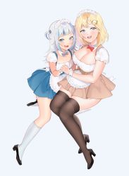 Rule 34 | 2girls, :d, absurdres, alternate costume, apron, bad id, bad pixiv id, black footwear, blonde hair, blue dress, blue eyes, blush, bow, bowtie, breasts, brown dress, brown legwear, cleavage, dress, enmaided, erin (whipcreamai), full body, gawr gura, grey background, hair ornament, high heels, highres, holding hands, hololive, hololive english, interlocked fingers, kneehighs, large breasts, long hair, looking at viewer, maid, maid headdress, multiple girls, open mouth, red bow, shark hair ornament, sharp teeth, shoes, short sleeves, silver hair, simple background, small breasts, smile, socks, teeth, thighhighs, two side up, upper teeth only, virtual youtuber, waist apron, watson amelia, white legwear, wrist cuffs, zettai ryouiki