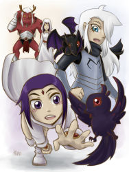 Rule 34 | 2girls, antlers, armor, bird, cape, cartoon network, cloak, colored skin, dc comics, dragon, family, father and daughter, forehead jewel, hood, horns, leotard, long sleeves, malchior, mother and daughter, multiple girls, purple eyes, purple hair, raven (dc), red skin, shoes, shoulder perch, smile, teen titans, trigon, vambraces, white footwear, white hair, yellow eyes