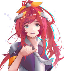 Rule 34 | 1girl, :d, battle academia lux, green eyes, grey background, grey necktie, hair ornament, hair ribbon, hand up, highres, ippo kuwa, jacket, league of legends, long hair, lux (league of legends), necktie, official alternate costume, open mouth, orange ribbon, pink jacket, ponytail, red hair, ribbon, short sleeves, simple background, smile, solo, teeth, upper teeth only