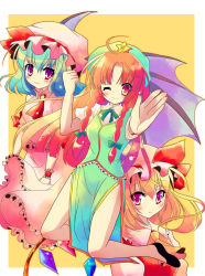 Rule 34 | 3girls, aqua hair, bat wings, blonde hair, blue hair, blush, braid, china dress, chinese clothes, clenched hand, dress, embodiment of scarlet devil, female focus, flandre scarlet, gradient hair, green hair, hat, hong meiling, long hair, multicolored hair, multiple girls, one eye closed, orange hair, outstretched arm, ponytail, red eyes, red hair, remilia scarlet, shiwasu horio, short hair, side ponytail, side slit, simple background, smile, touhou, twin braids, wings, wink, wrist cuffs