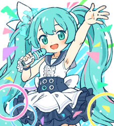 Rule 34 | 1girl, :d, arm up, armpits, blue archive, blue dress, blue eyes, blue halo, blue sailor collar, blush, breasts, commentary request, cowboy shot, crossover, dress, hair ribbon, halo, hatsune miku, holding, holding microphone, long hair, looking at viewer, microphone, multicolored clothes, multicolored dress, onyhakase, open mouth, pleated dress, ribbon, sailor collar, short dress, sleeveless, sleeveless dress, small breasts, smile, solo, twintails, very long hair, vocaloid, waving, white dress, white ribbon, wristband