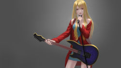 Rule 34 | 1girl, bare shoulders, blonde hair, blue dress, collarbone, cowboy shot, dress, earrings, electric guitar, eyelashes, grey background, guitar, highres, holding, holding microphone, hoop earrings, instrument, jacket, jewelry, light particles, lips, long hair, looking at viewer, microphone, microphone stand, multicolored hair, off shoulder, original, parted lips, red jacket, shi yu mu yun, short dress, sleeveless, sleeveless dress, solo, streaked hair, swept bangs, yellow eyes