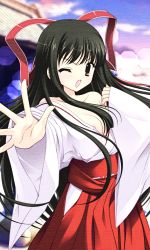 Rule 34 | 1girl, :o, areola slip, bare shoulders, black hair, breasts, brown eyes, cleavage, highres, japanese clothes, mikanagi ibuki, miko, off shoulder, one eye closed, open mouth, outstretched hand, prism magical, solo, tanihara natsuki